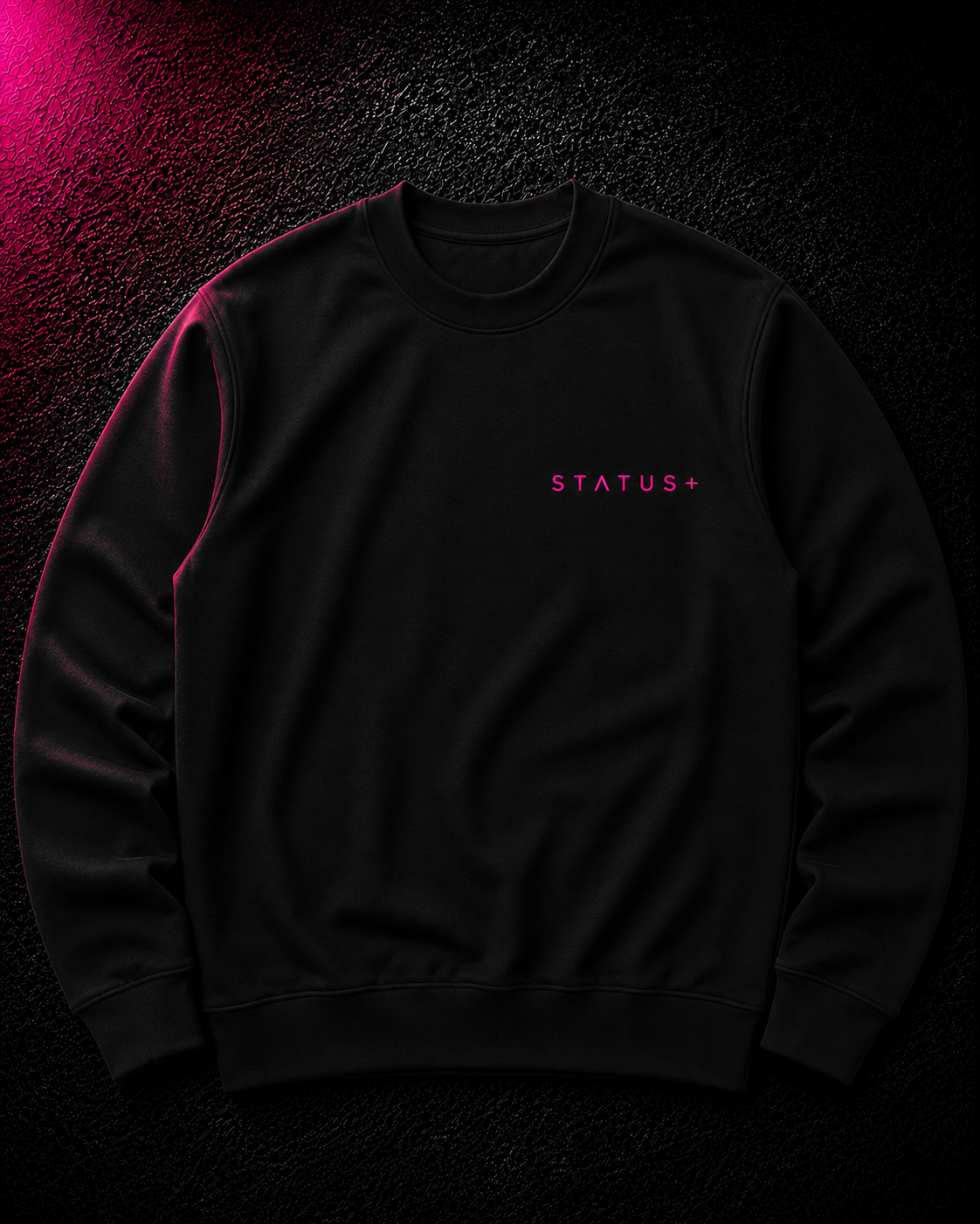 Status+ x E.O.M.W.D. Black Sweatshirt  — Pink Logo — front