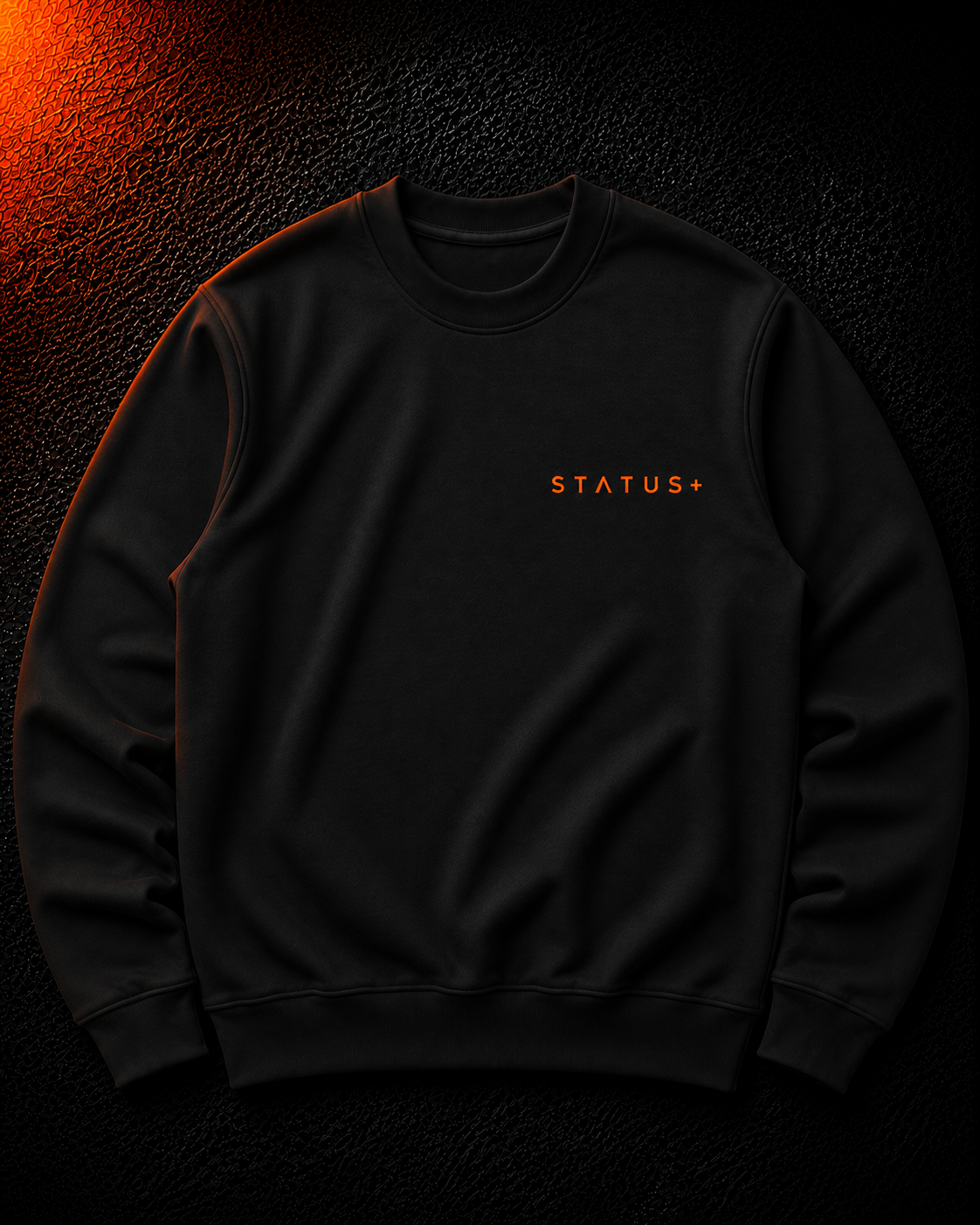 Status+ x E.O.M.W.D. Black Sweatshirt  — Orange Logo — front