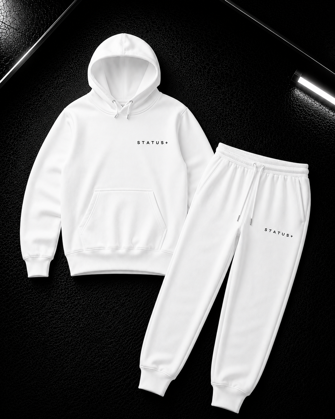 Status+ x E.O.M.W.D. White Sweatsuit  — Black Logo — front