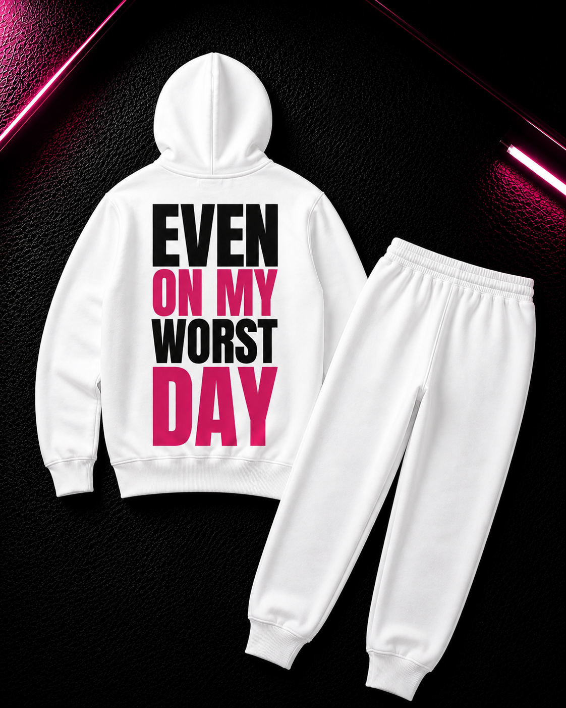 Status+ x E.O.M.W.D. White Sweatsuit  — Pink Logo — back