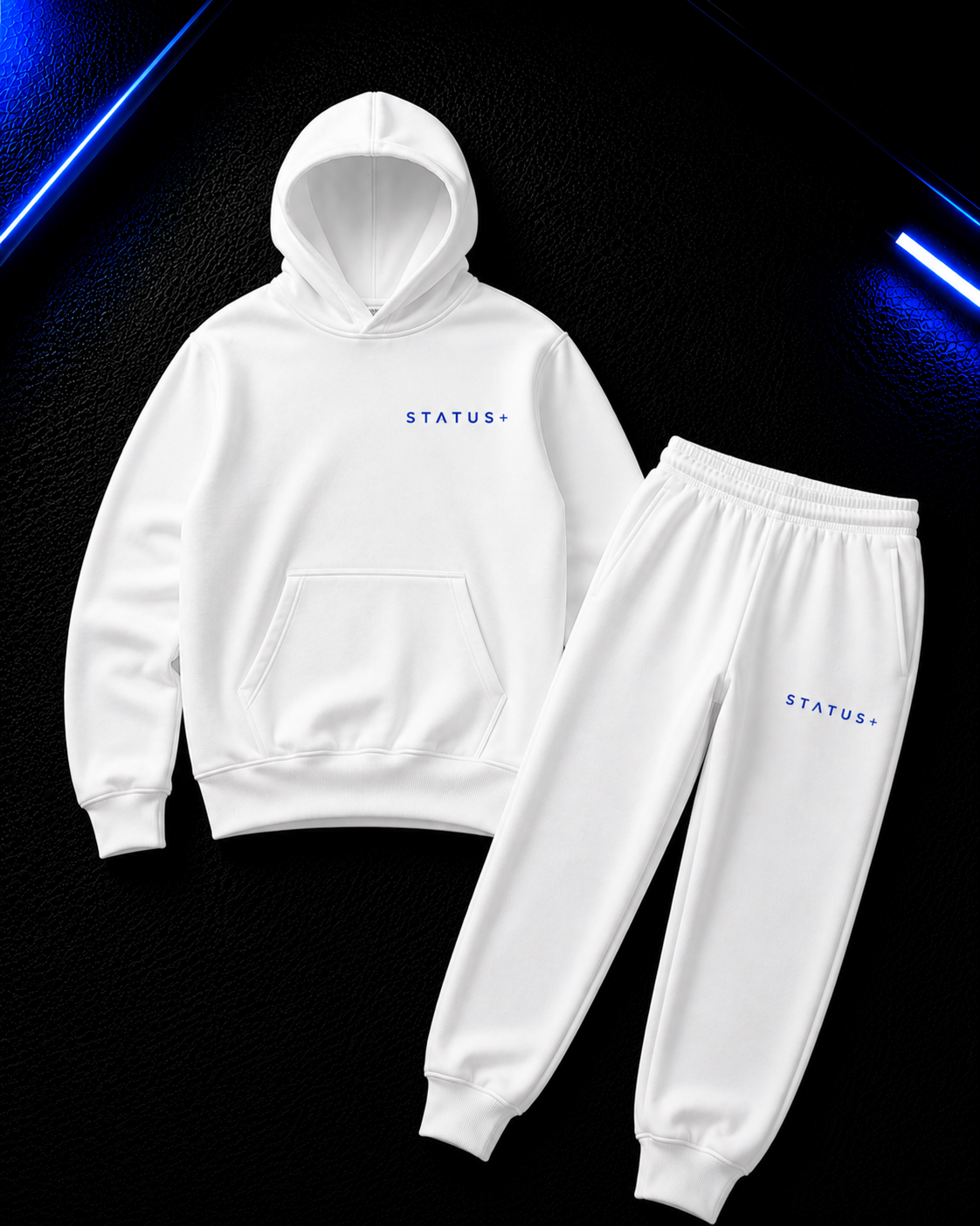Status+ x E.O.M.W.D. White Sweatsuit  — Blue Logo — front