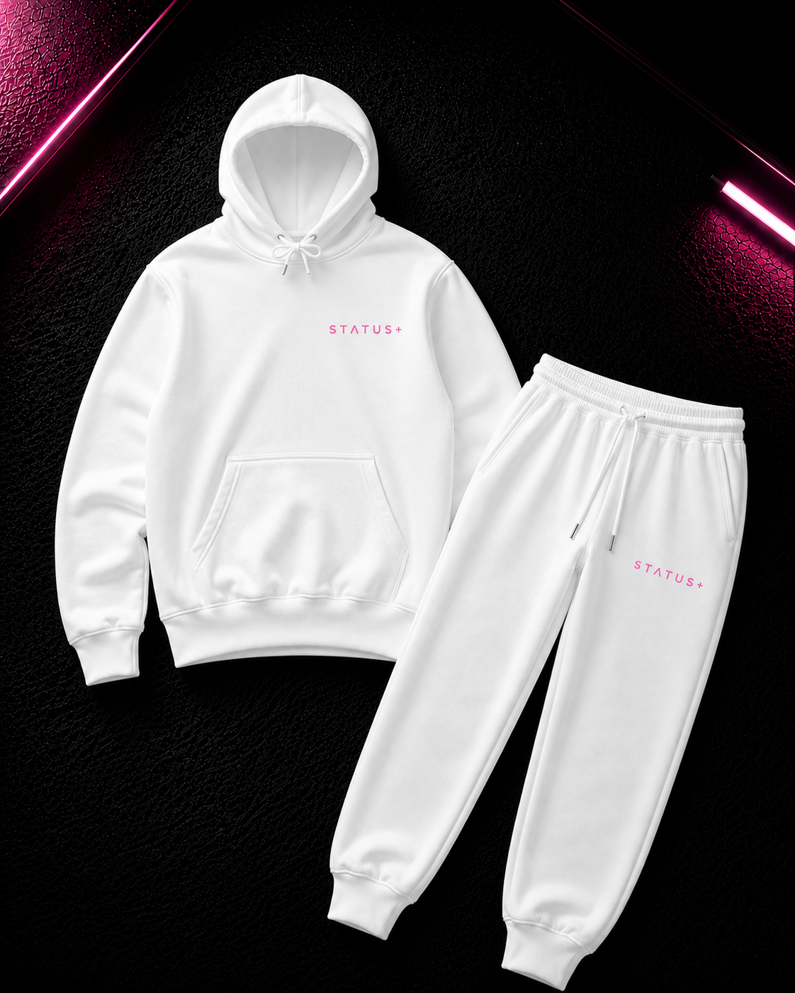 Status+ x E.O.M.W.D. White Sweatsuit  — Pink Logo — front