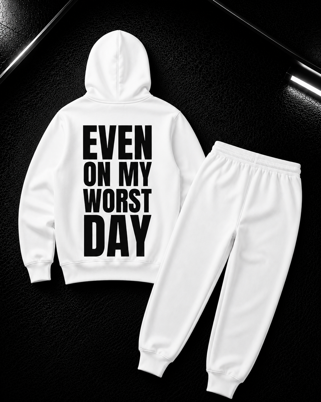 Status+ x E.O.M.W.D. White Sweatsuit  — Black Logo — back
