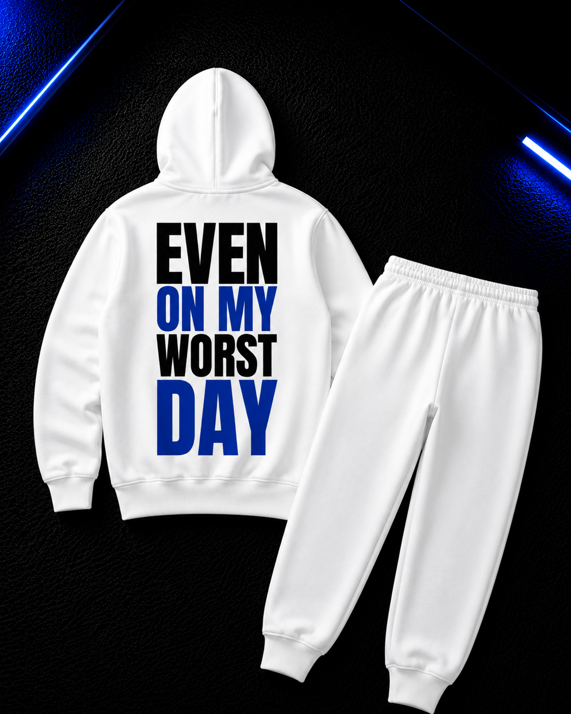 Status+ x E.O.M.W.D. White Sweatsuit  — Blue Logo — back