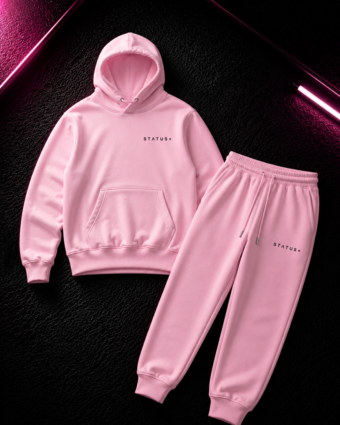 Status+ x E.O.M.W.D. Pink Sweatsuit  — Black Logo — front