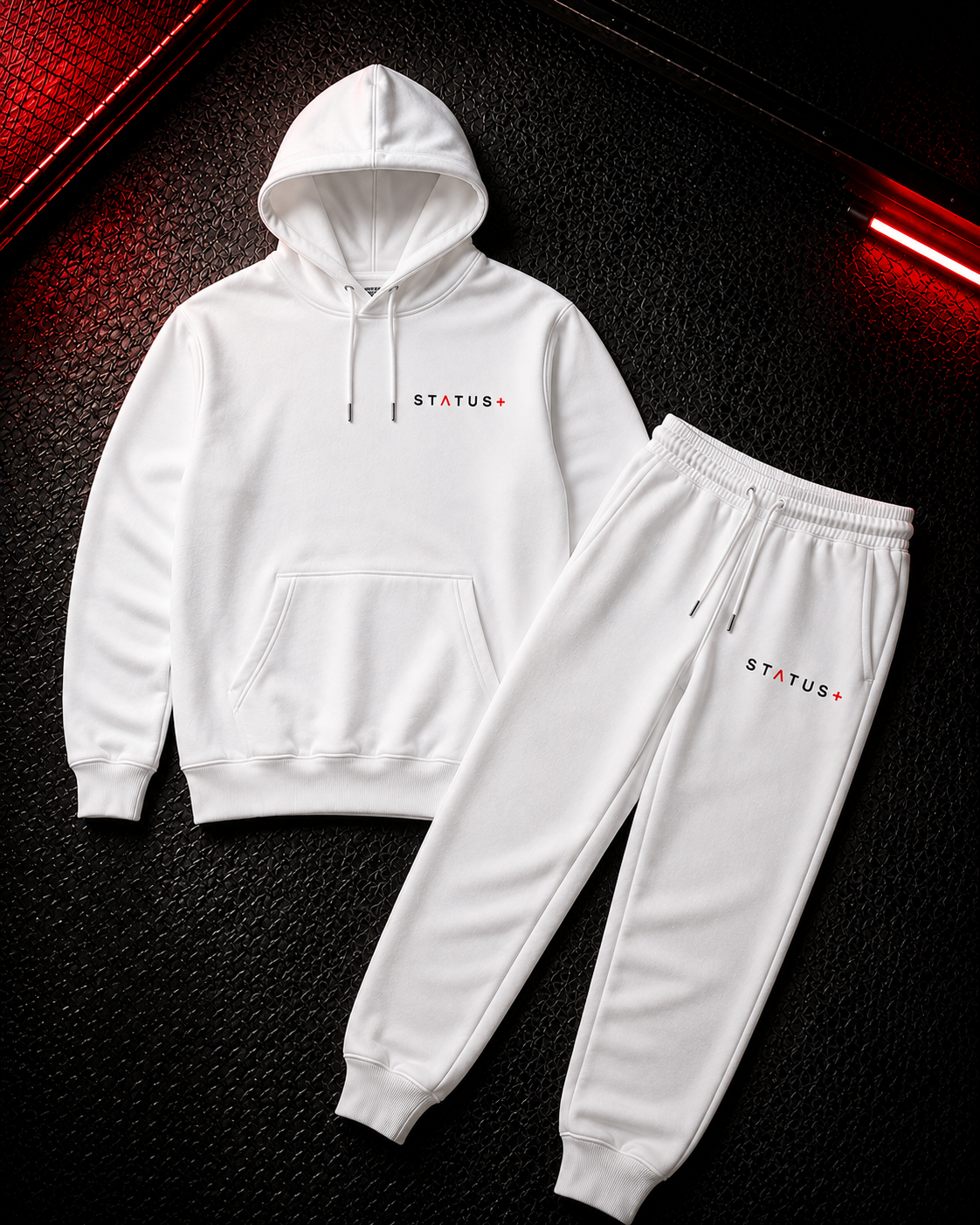 Status+ x E.O.M.W.D. White Sweatsuit  — Black & Red Logo — front