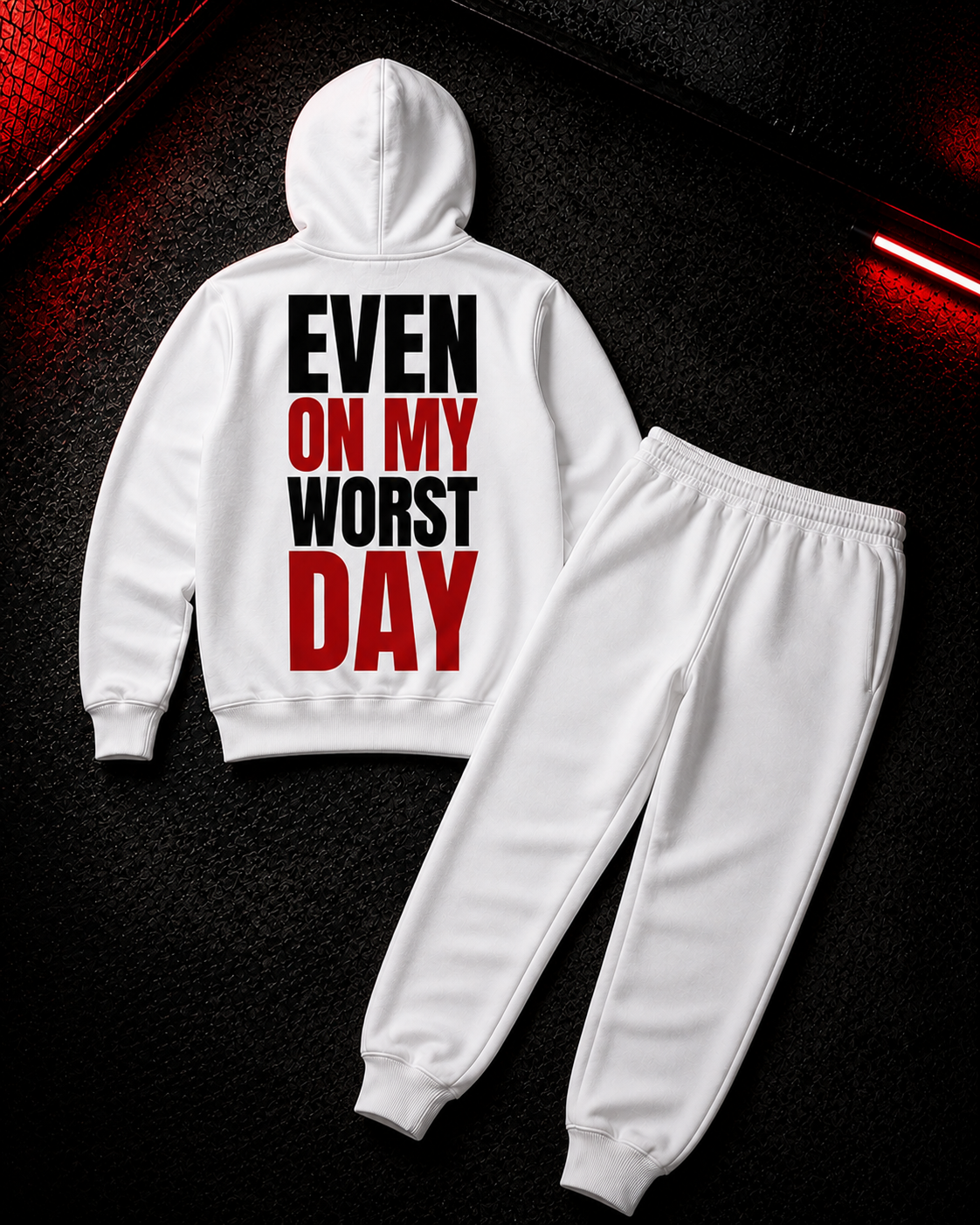 Status+ x E.O.M.W.D. White Sweatsuit  — Black & Red Logo — back