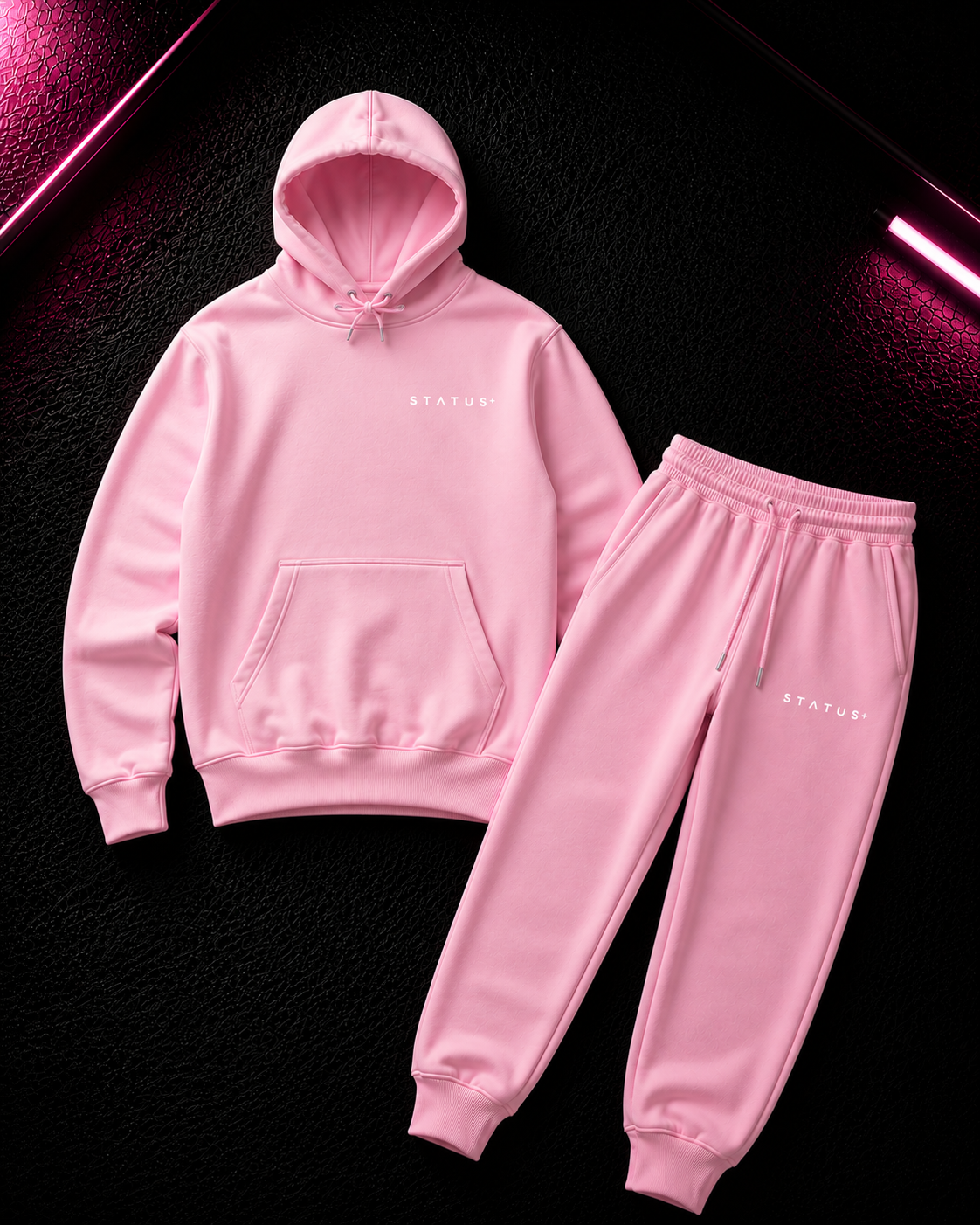 Status+ x E.O.M.W.D. Pink Sweatsuit  — White Logo — front