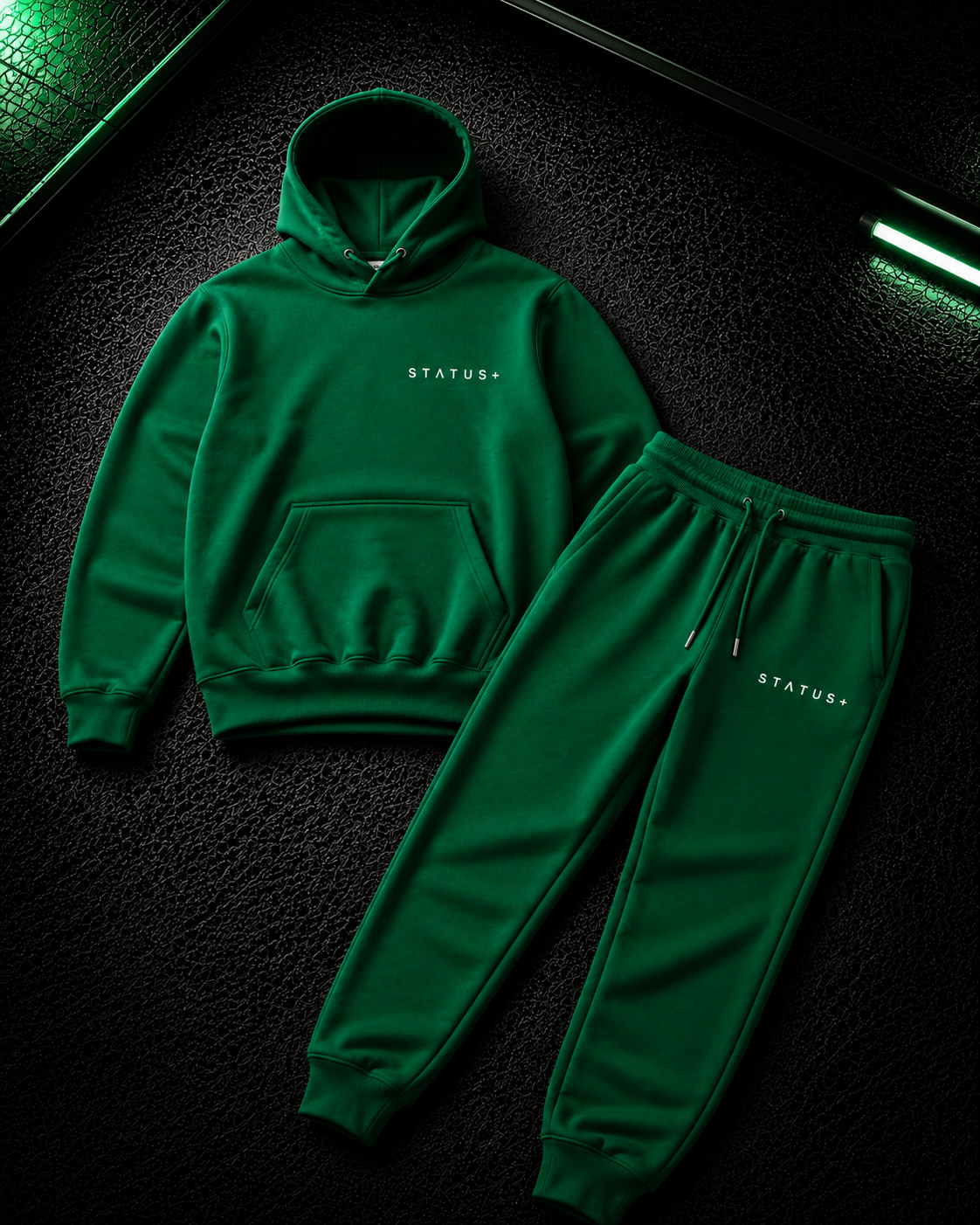 Status+ x E.O.M.W.D. Green Sweatsuit  — White Logo — front