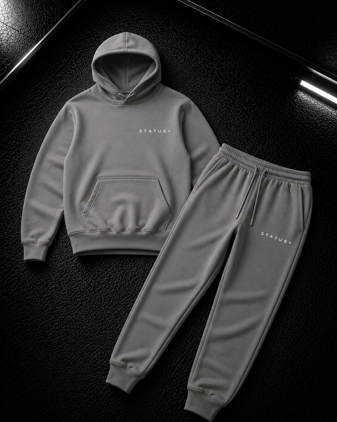 Status+ x E.O.M.W.D. Gray Sweatsuit  — White Logo — front