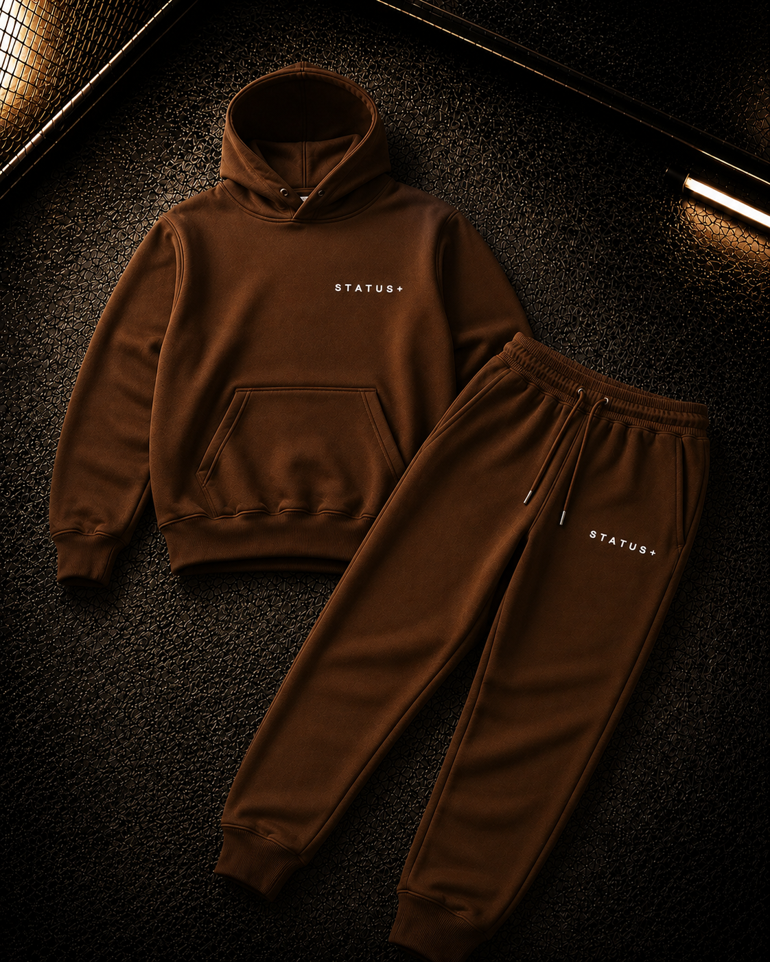 Status+ x E.O.M.W.D. Brown Sweatsuit  — White Logo — front
