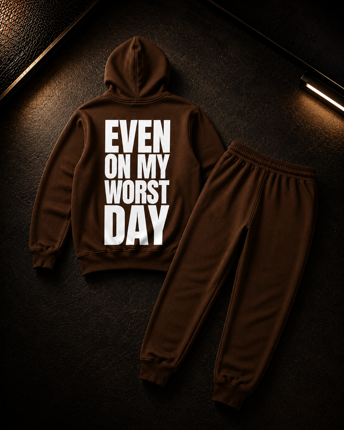 Status+ x E.O.M.W.D. Brown Sweatsuit  — White Logo — back