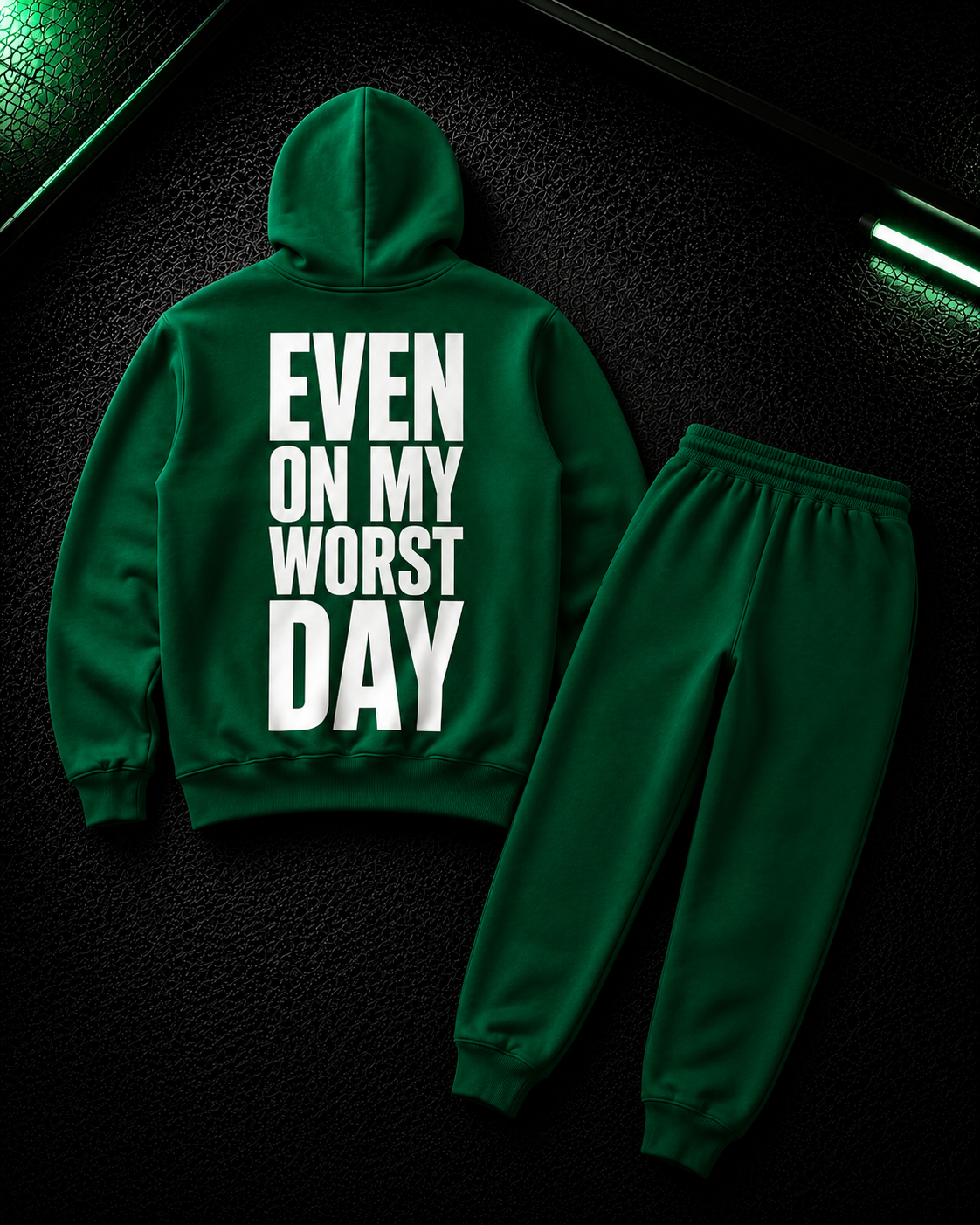 Status+ x E.O.M.W.D. Green Sweatsuit  — White Logo — back