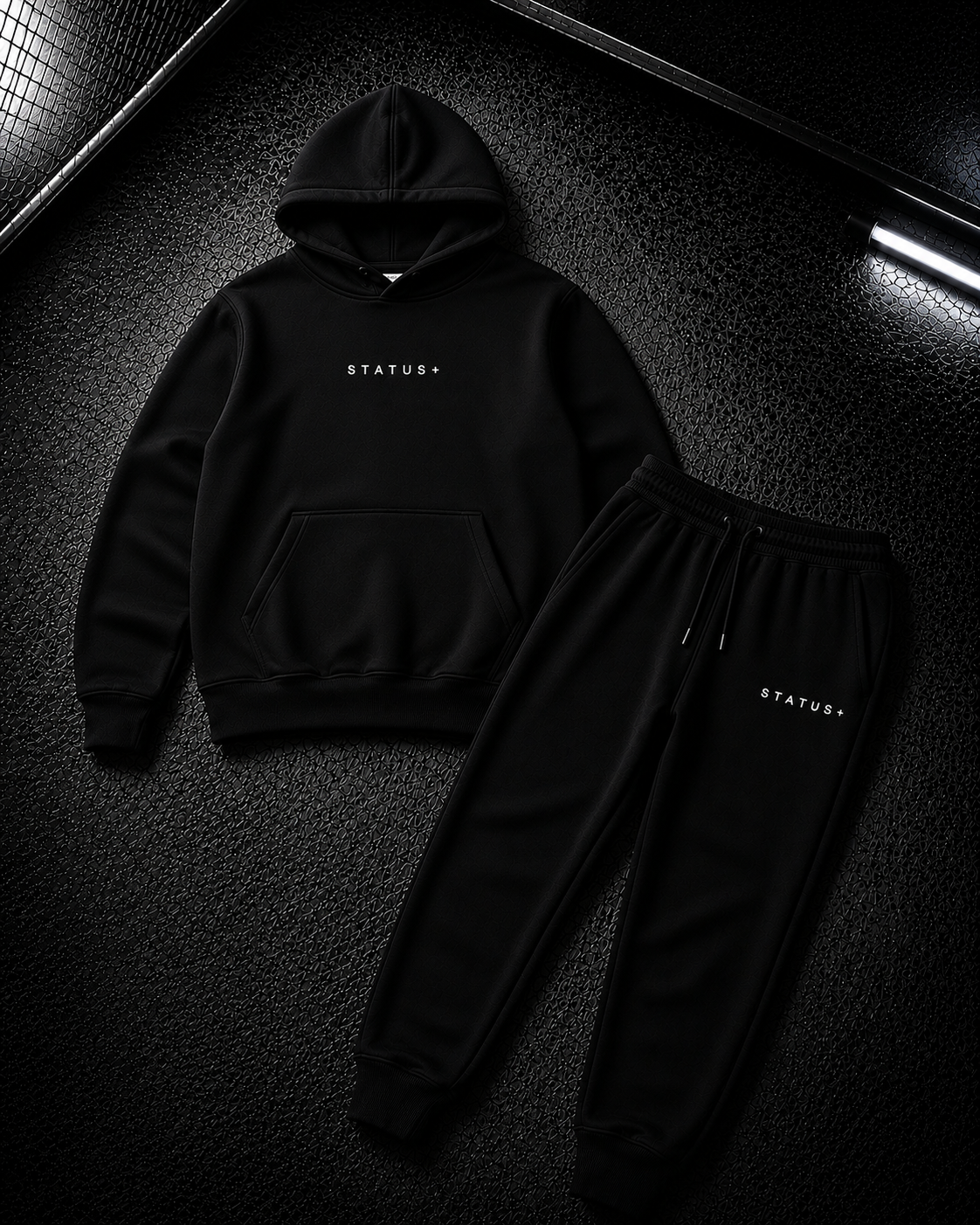 Status+ x E.O.M.W.D. Black Sweatsuit  — White Logo — front