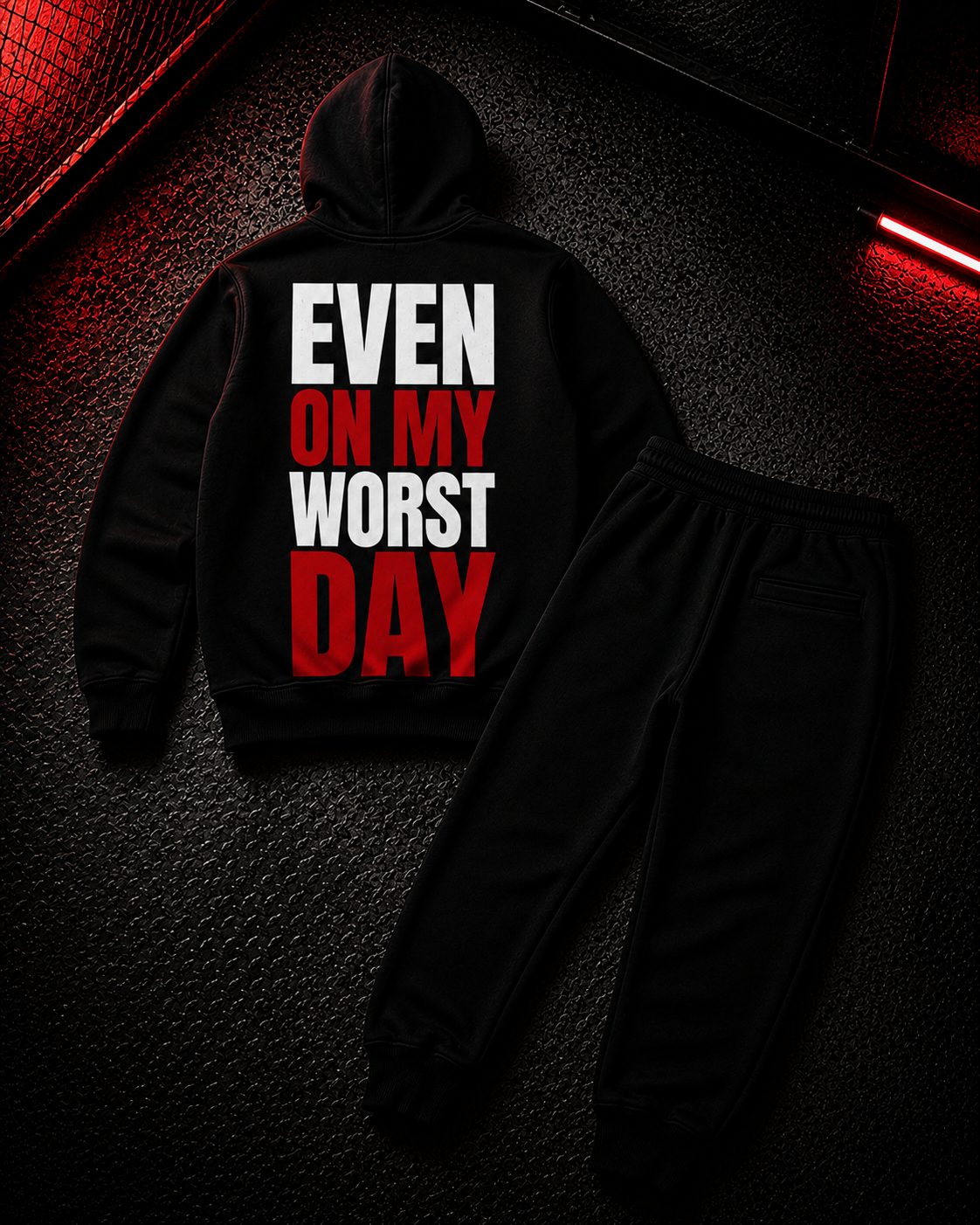 Status+ x E.O.M.W.D. Black Sweatsuit  — White & Red Logo — back