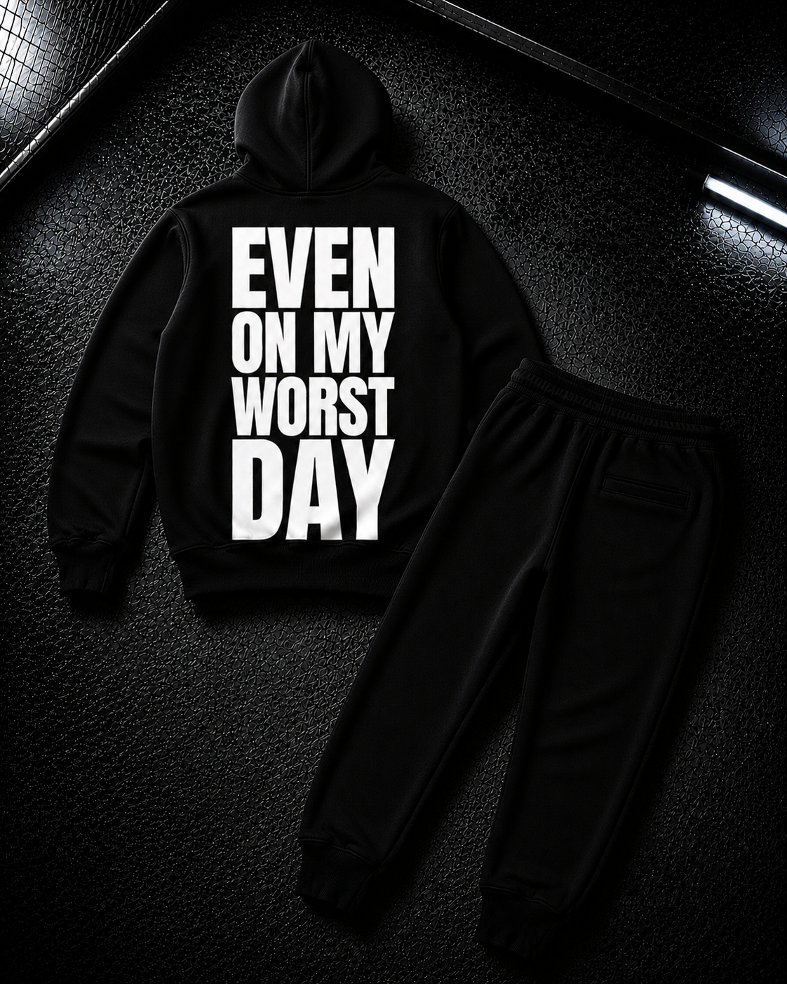 Status+ x E.O.M.W.D. Black Sweatsuit  — White Logo — back