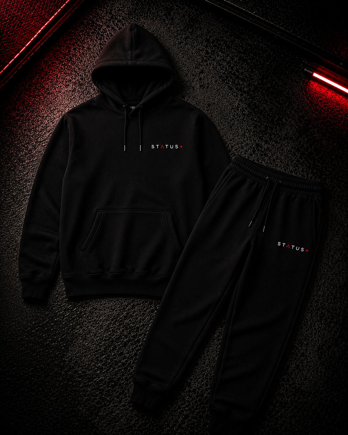 Status+ x E.O.M.W.D. Black Sweatsuit  — White & Red Logo — front