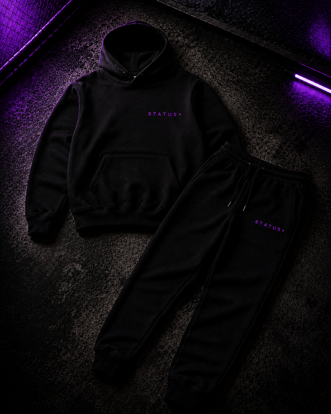 Status+ x E.O.M.W.D. Black Sweatsuit  — Purple Logo — front