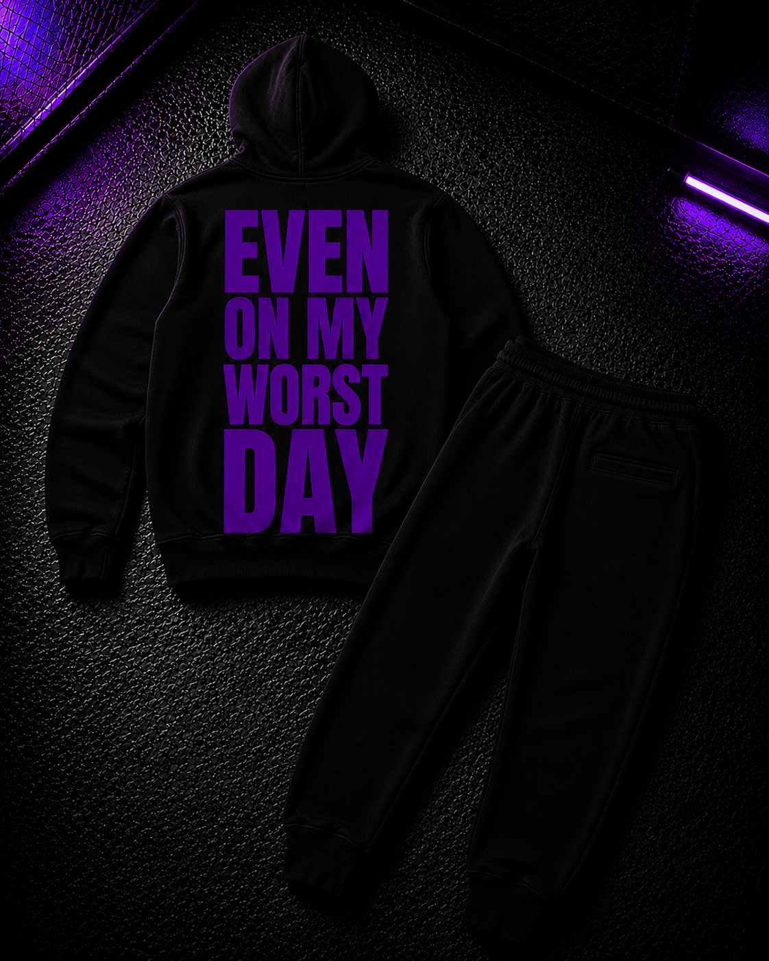 Status+ x E.O.M.W.D. Black Sweatsuit  — Purple Logo — back
