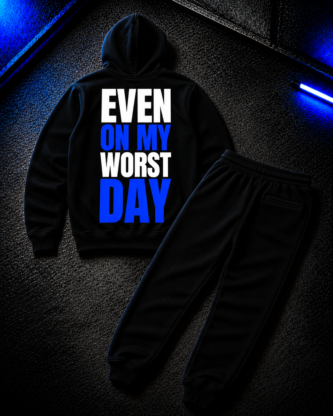Status+ x E.O.M.W.D. Black Sweatsuit  — Blue Logo — back