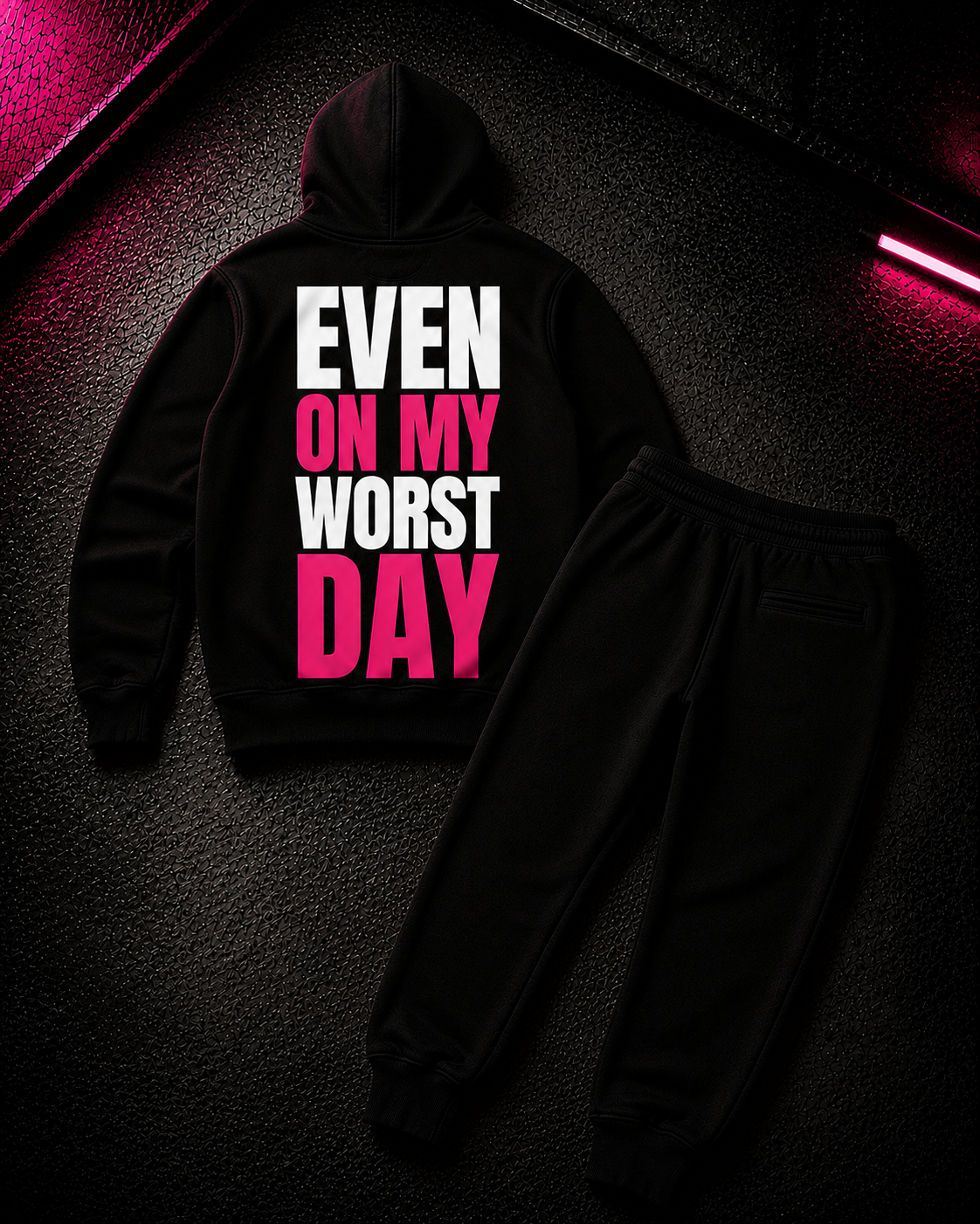Status+ x E.O.M.W.D. Black Sweatsuit  — Pink Logo — back