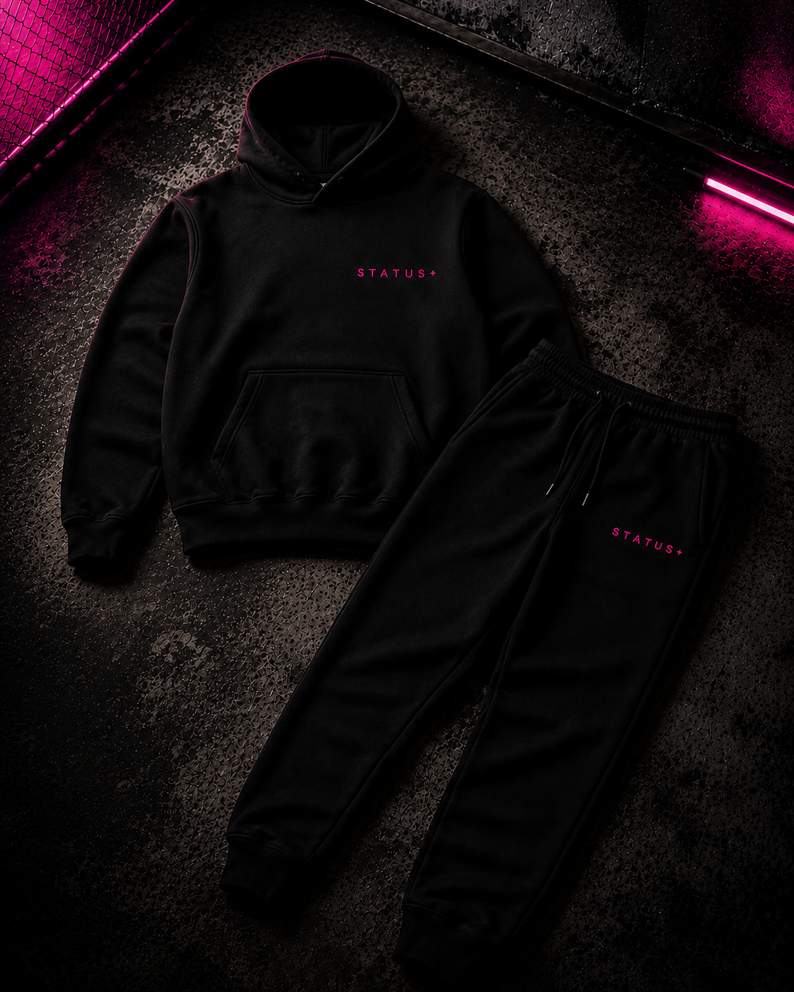Status+ x E.O.M.W.D. Black Sweatsuit  — Pink Logo — front