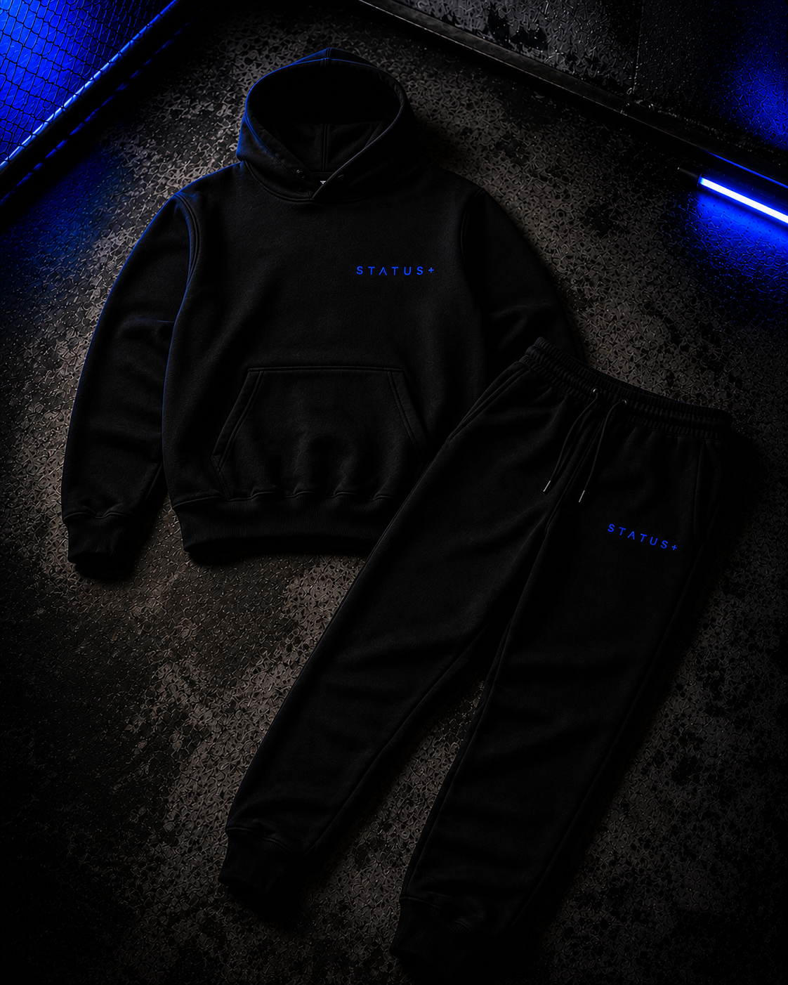 Status+ x E.O.M.W.D. Black Sweatsuit  — Blue Logo — front
