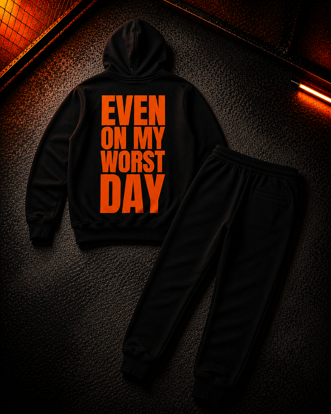 Status+ x E.O.M.W.D. Black Sweatsuit  — Orange Logo — back