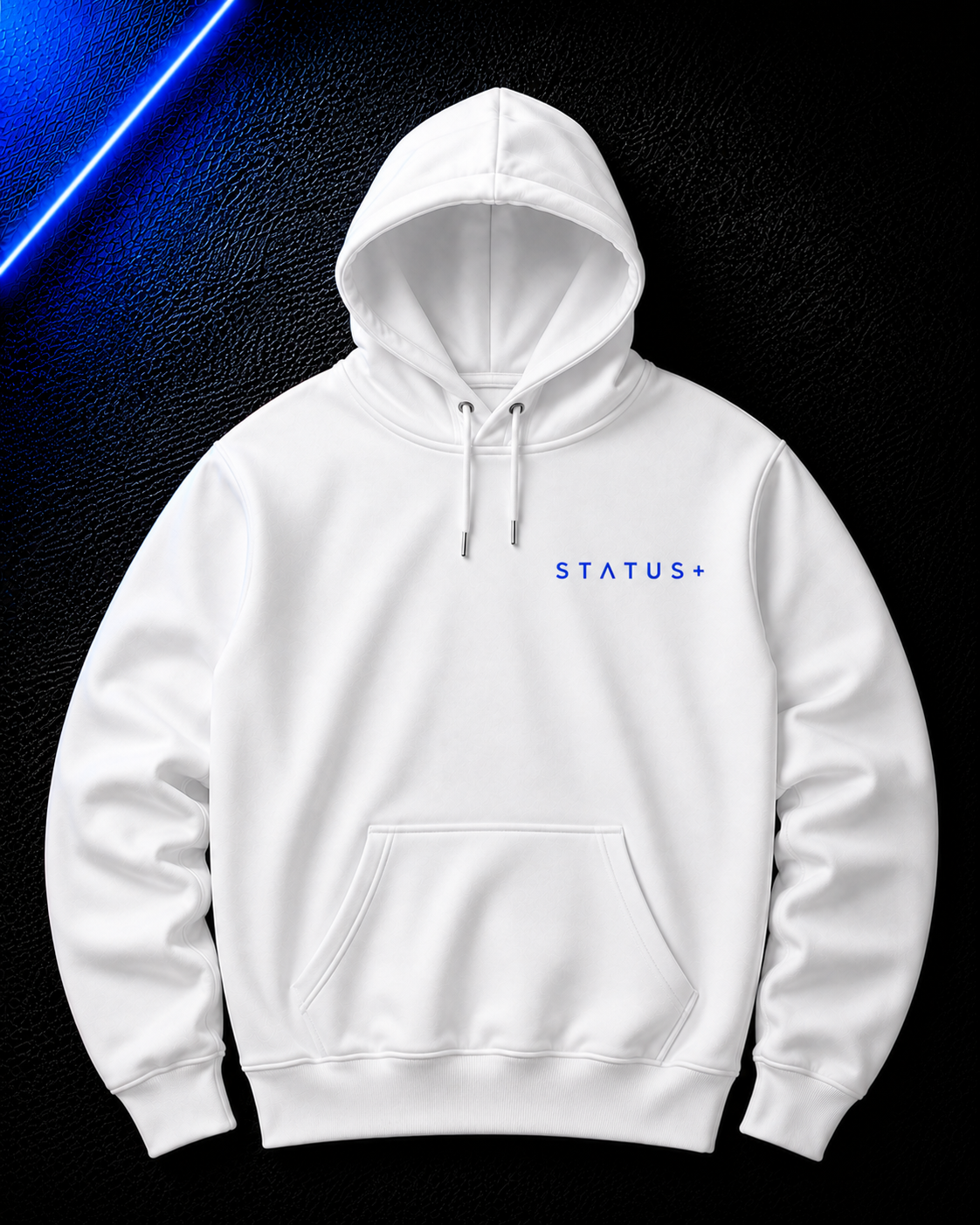 Status+ x E.O.M.W.D. White Hoodie — Blue Logo — front