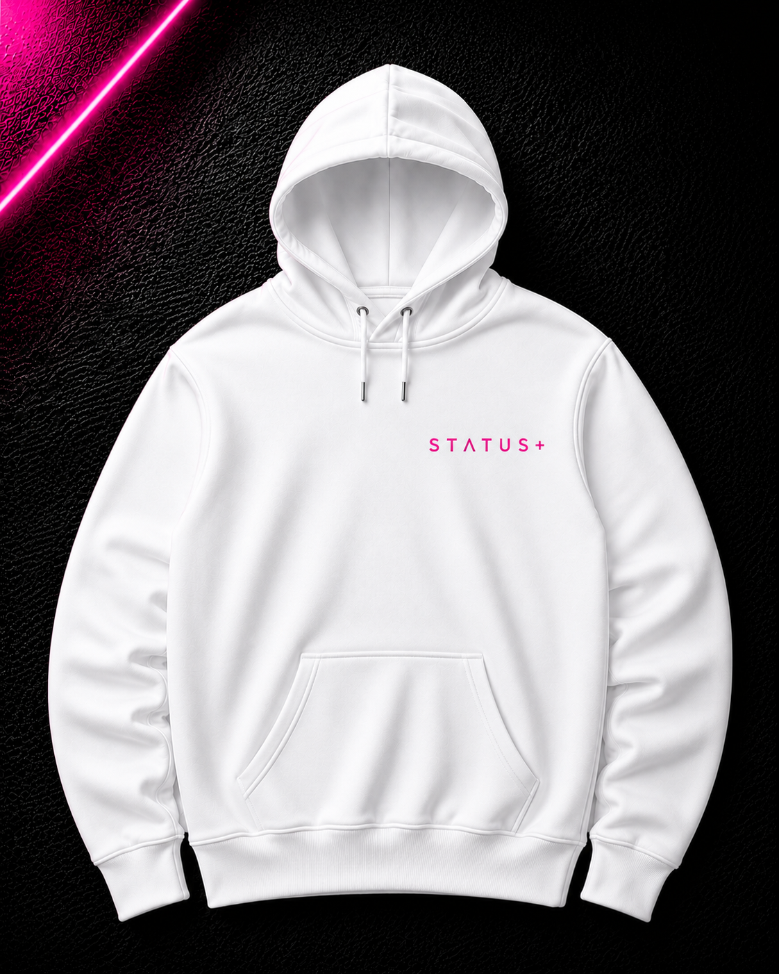 Status+ x E.O.M.W.D. White Hoodie — Pink Logo — front