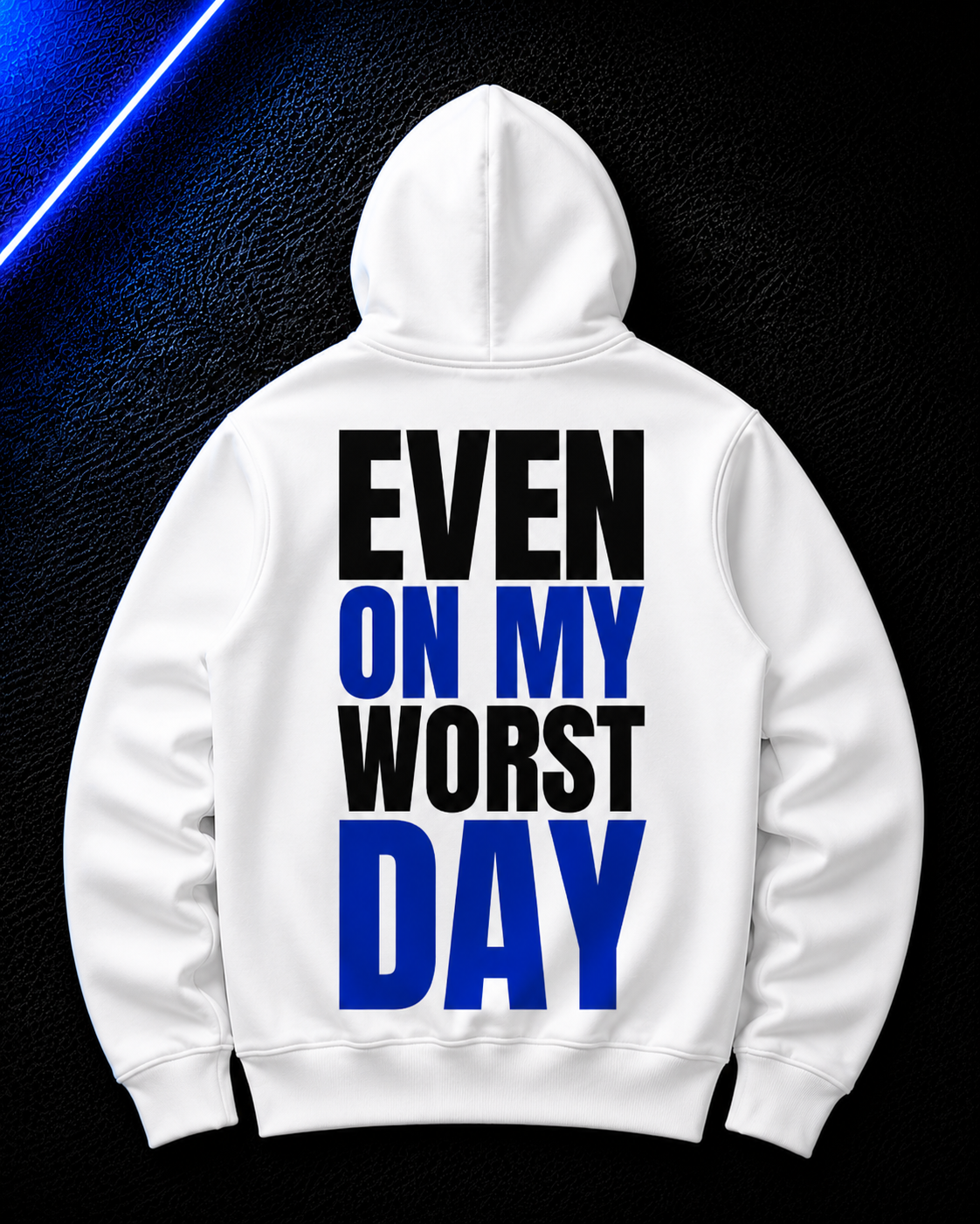 Status+ x E.O.M.W.D. White Hoodie — Blue Logo — back