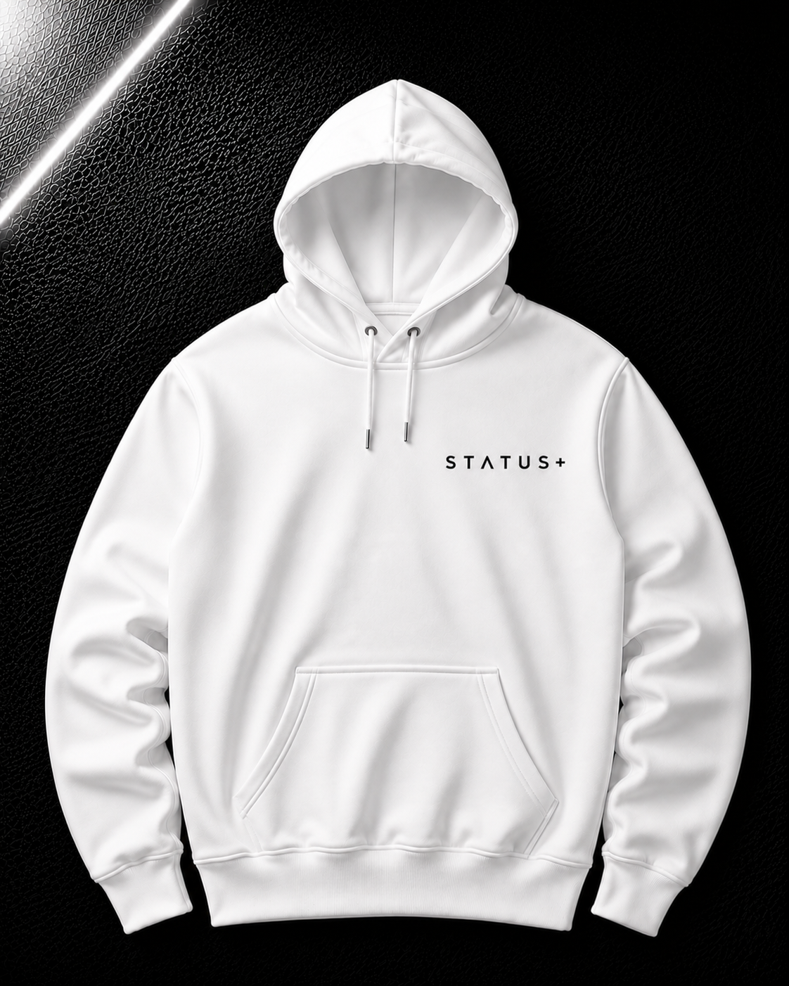 Status+ x E.O.M.W.D. White Hoodie — Black Logo — front