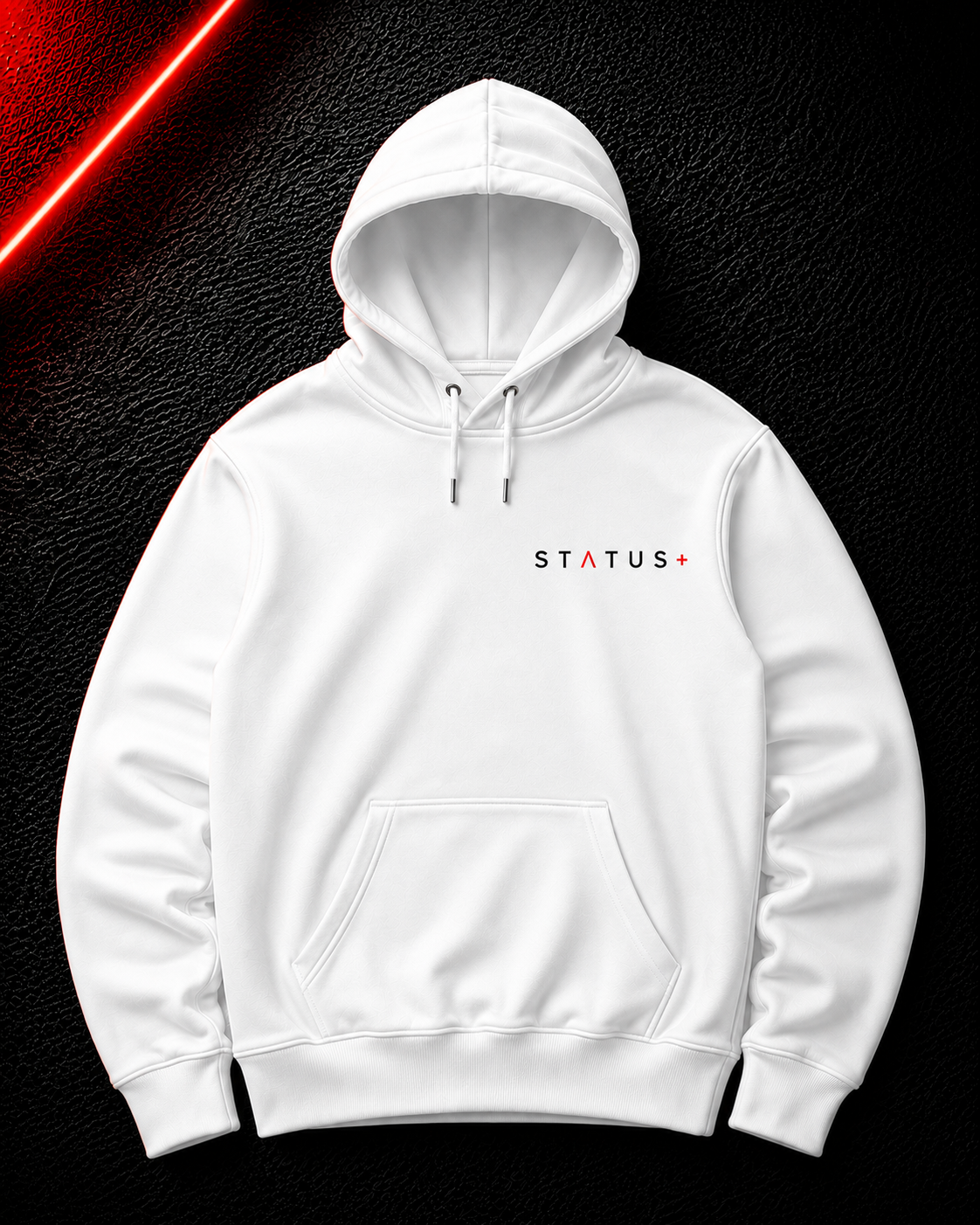 Status+ x E.O.M.W.D. White Hoodie — Black & Red Logo — front
