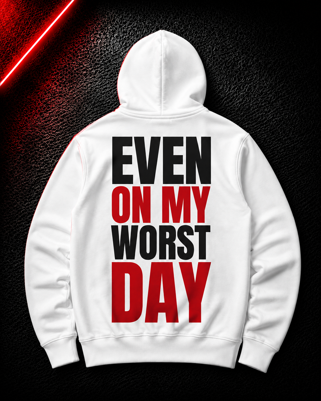 Status+ x E.O.M.W.D. White Hoodie — Black & Red Logo — back