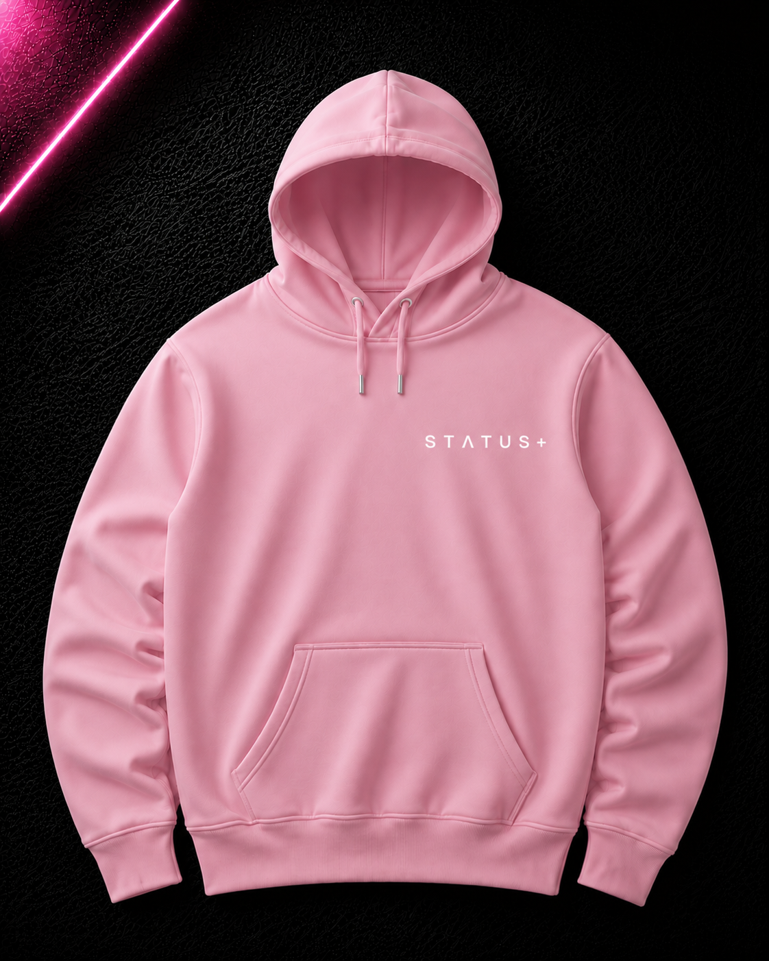 Status+ x E.O.M.W.D. Pink Hoodie — White Logo — front