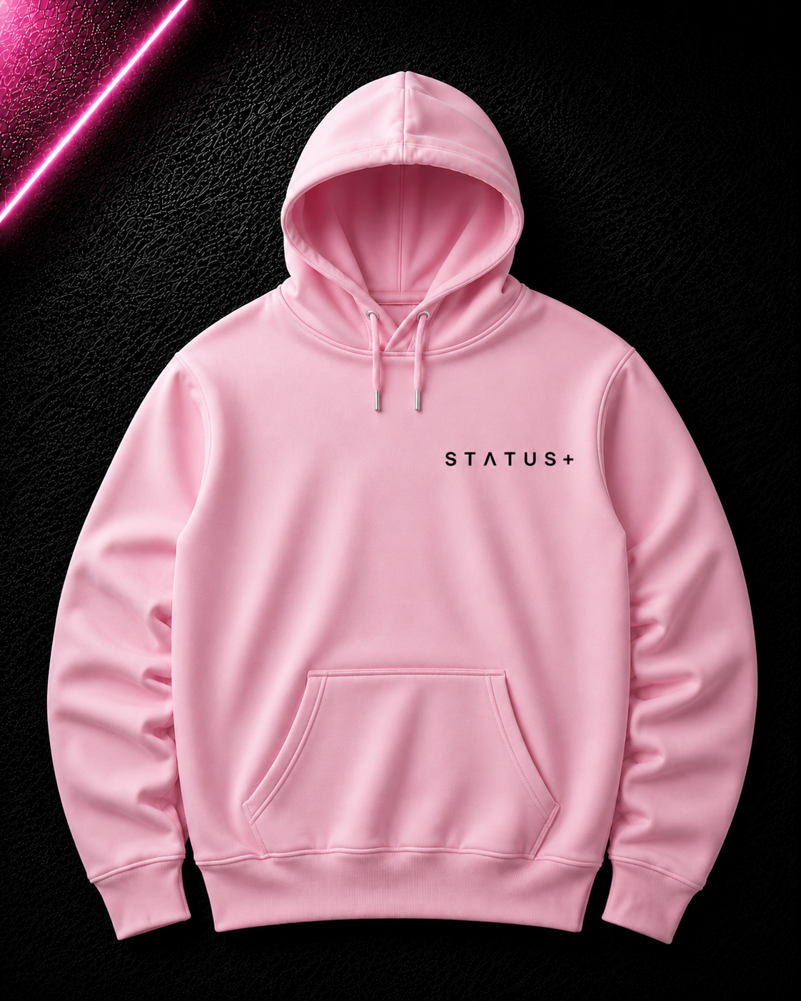 Status+ x E.O.M.W.D. Pink Hoodie — Black Logo — front