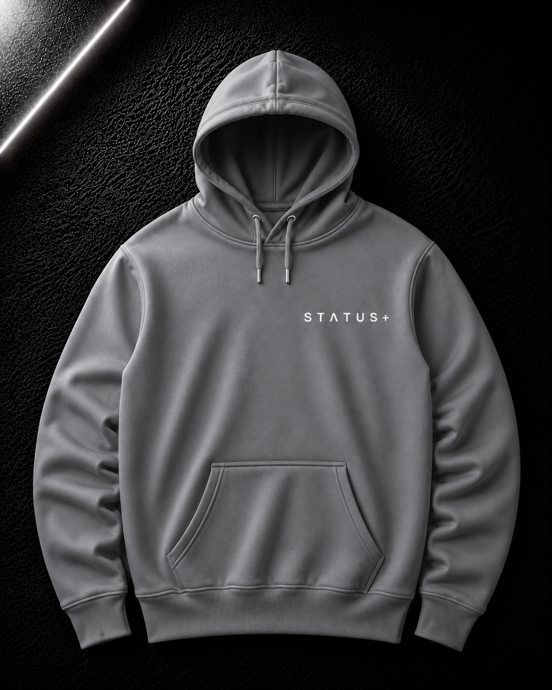 Status+ x E.O.M.W.D. Gray Hoodie — White Logo — front
