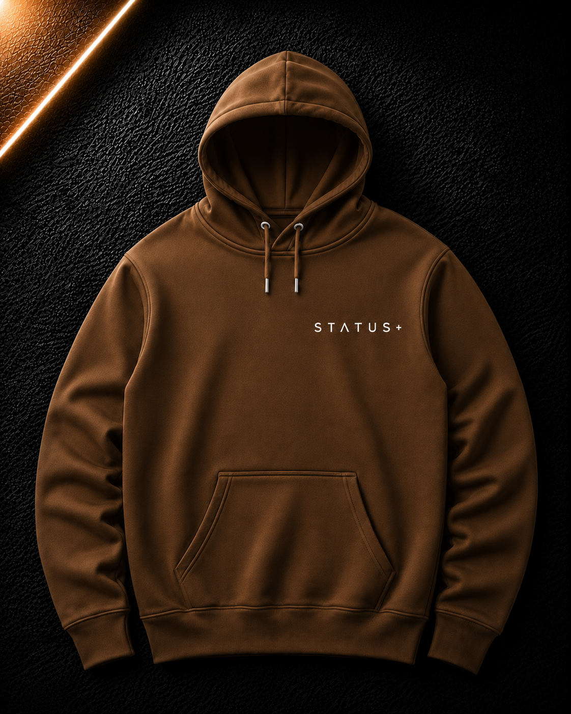 Status+ x E.O.M.W.D. Brown Hoodie — White Logo — front