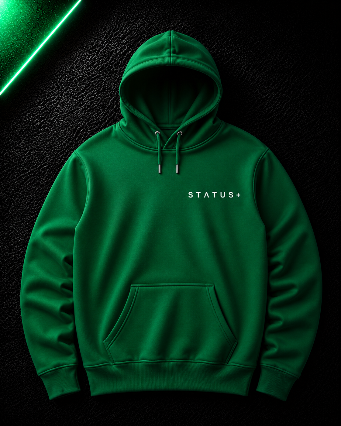 Status+ x E.O.M.W.D. Green Hoodie — White Logo — front