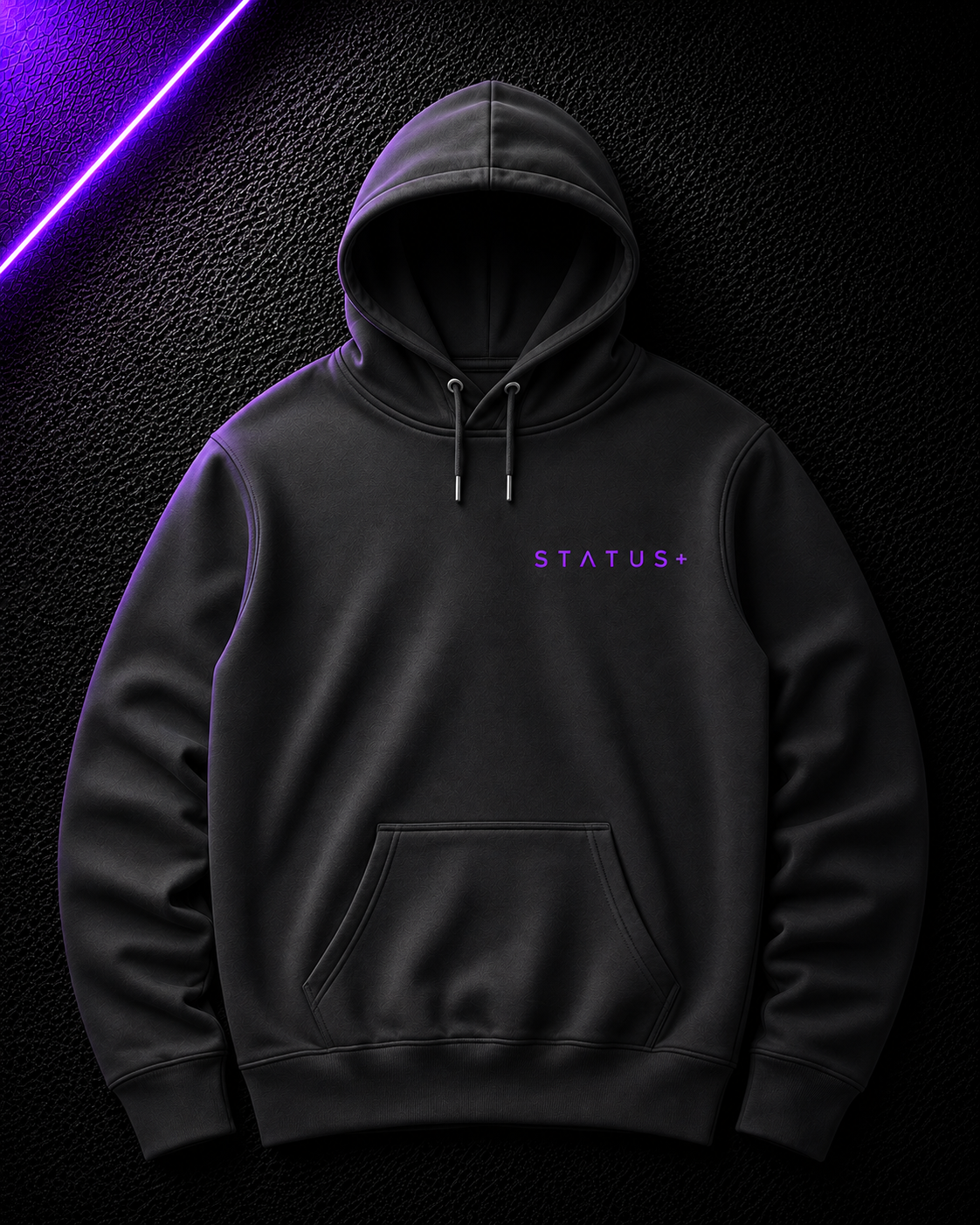 Status+ x E.O.M.W.D. Black Hoodie — Purple Logo — front