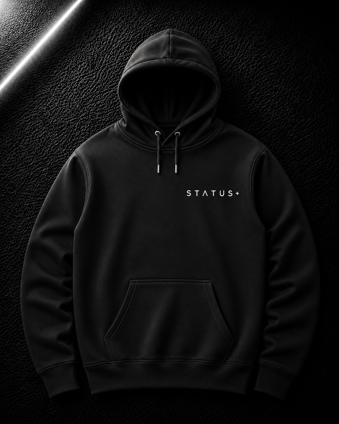 Status+ x E.O.M.W.D. Black Hoodie — White Logo — front
