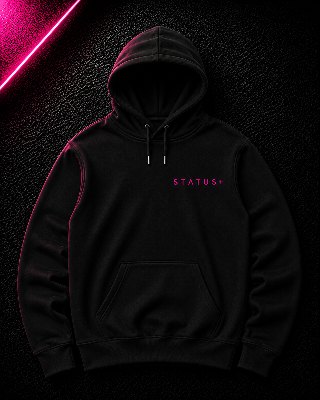 Status+ x E.O.M.W.D. Black Hoodie — Pink Logo — front