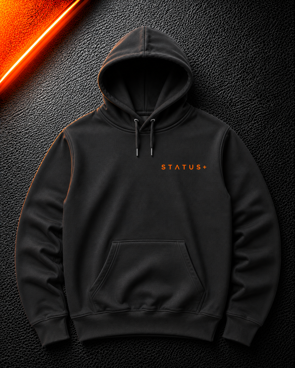Status+ x E.O.M.W.D. Black Hoodie — Orange Logo — front