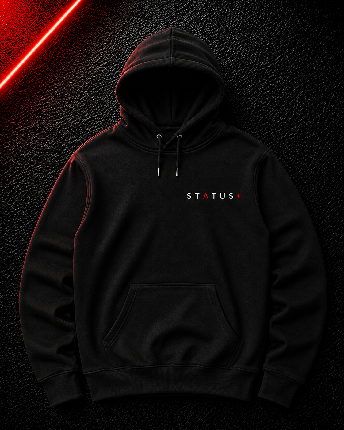 Status+ x E.O.M.W.D. Black Hoodie — White & Red Logo — front