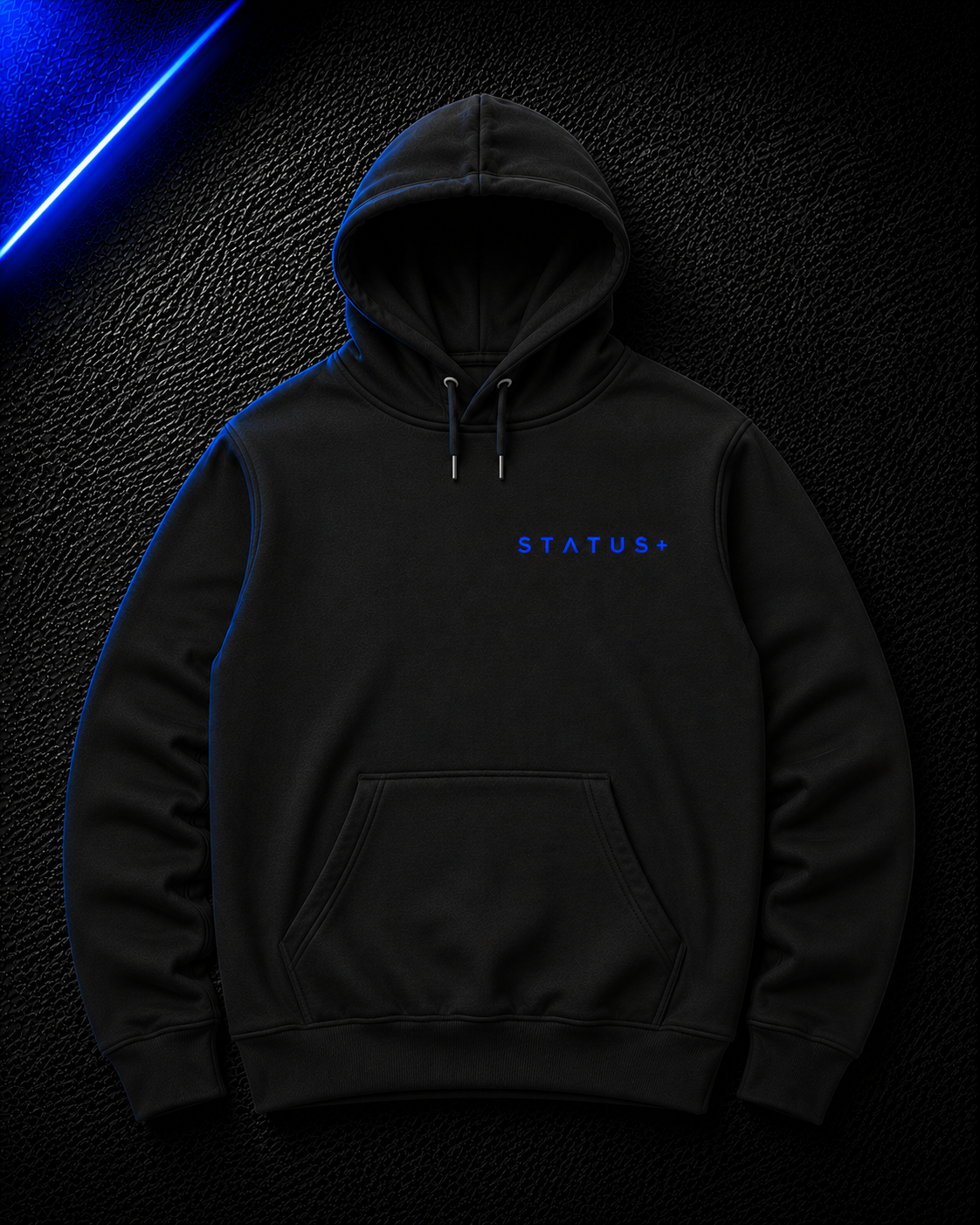 Status+ x E.O.M.W.D. Black Hoodie — Blue Logo — front