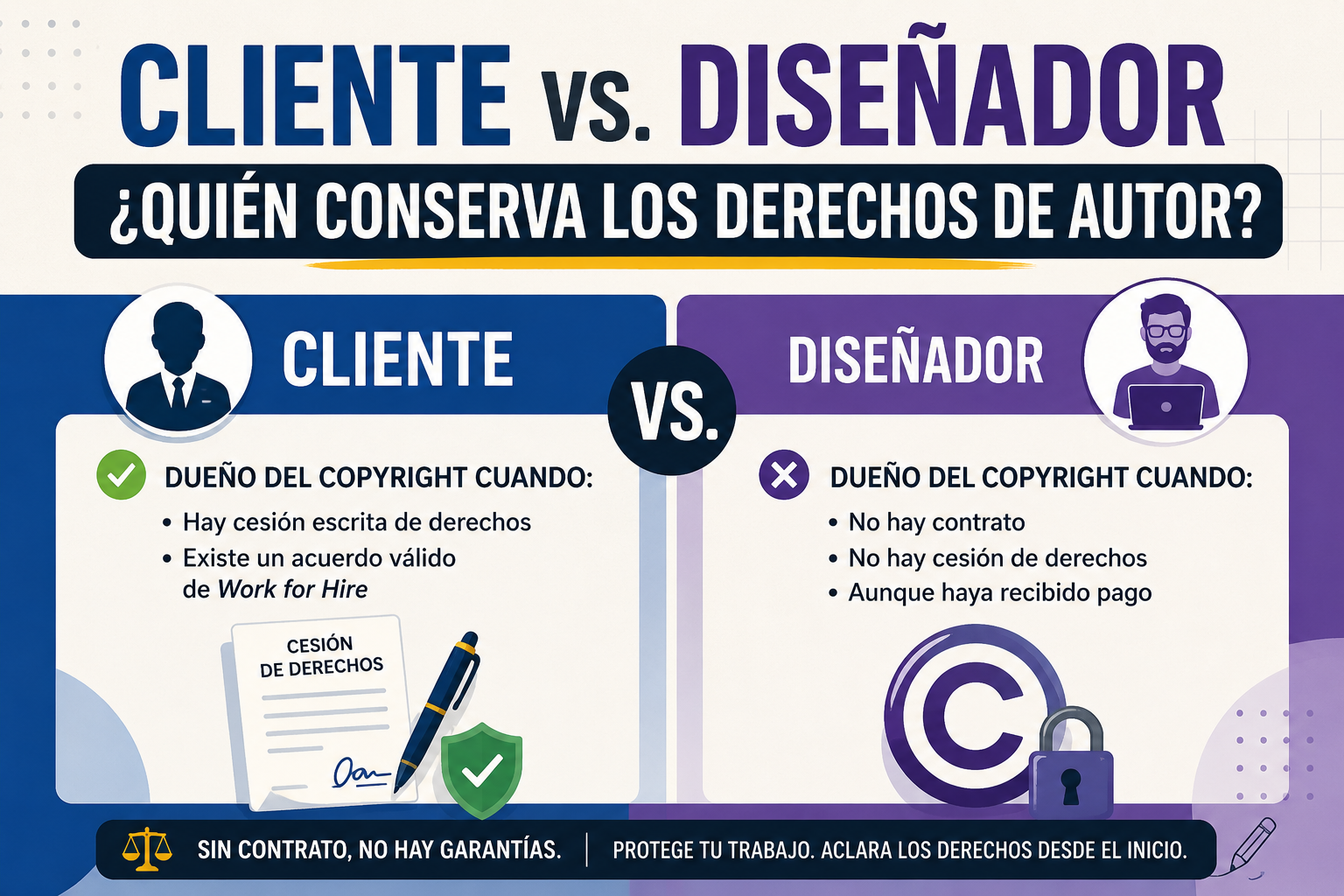 Infografía titulada “Cliente vs. Diseñador: ¿Quién conserva los derechos de autor?” que compara la titularidad del copyright en proyectos de diseño gráfico. En la sección del cliente, se explica que el cliente suele ser dueño del copyright cuando existe una cesión escrita de derechos o un acuerdo válido de work for hire. En la sección del diseñador, se indica que el diseñador conserva los derechos cuando no existe contrato, no hay cesión de derechos o incluso cuando el trabajo ha sido pagado sin una transferencia escrita de copyright. La imagen incluye íconos de contrato, firma, escudo de protección y símbolo de copyright, destacando la importancia de los acuerdos escritos para determinar la propiedad intelectual en Estados Unidos.