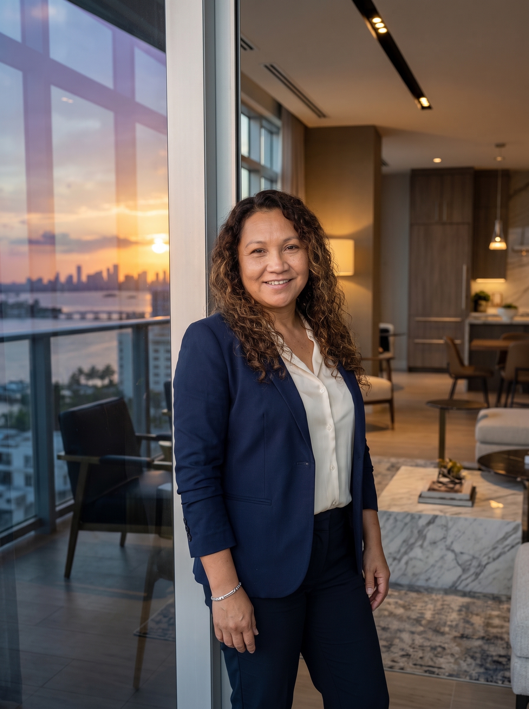 María Inés Borges en un apartamento de Miami al atardecer, con el skyline de la ciudad al fondo