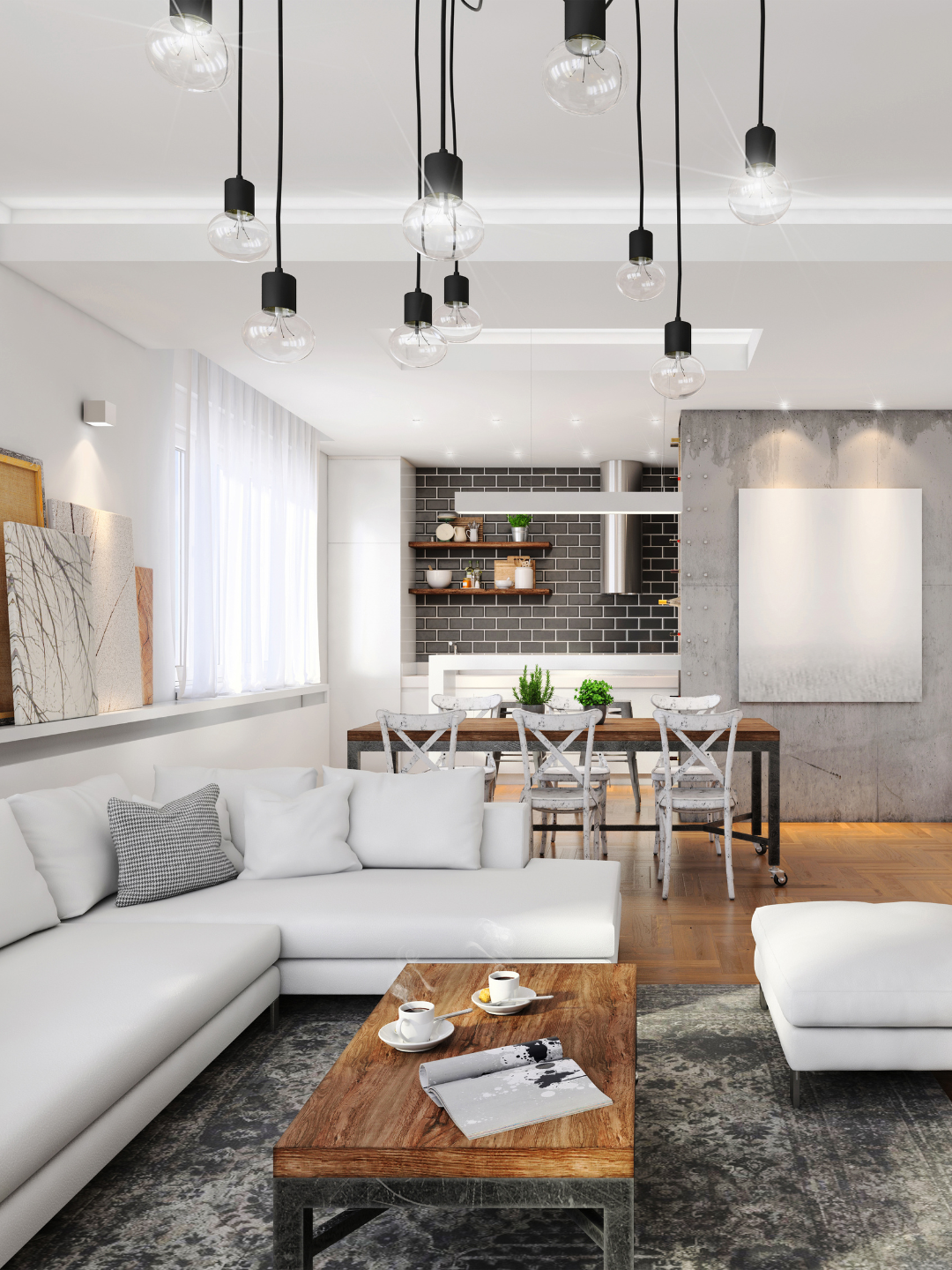 Sala y comedor de un apartamento contemporáneo en Miami, con luz natural y cocina abierta al fondo