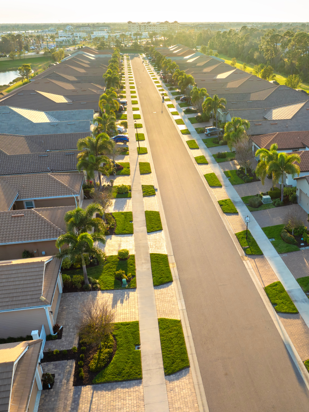 Vista aérea de una comunidad residencial en Florida al atardecer, con calles arboladas y palmeras