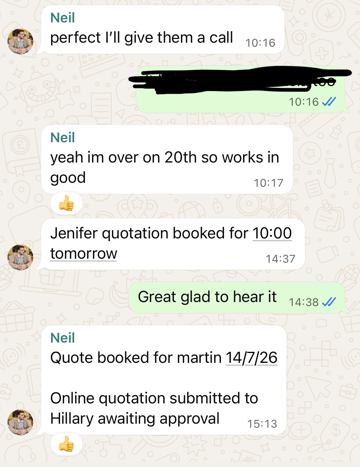 WhatsApp messages showing a quotation booked into a client's diary